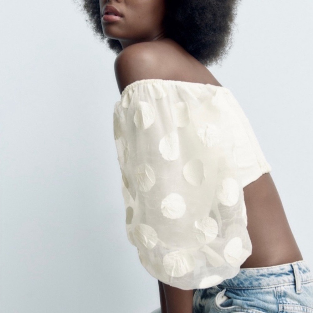 π ZARA BOHO IVORY POLKA DOT SHEER PUFF SLEEVE CROP TOP! - Picture 8 of 16